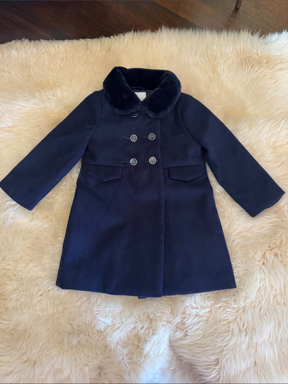 Janie and Jack Navy Double-Breasted Pea Coat with Faux Fur Collar